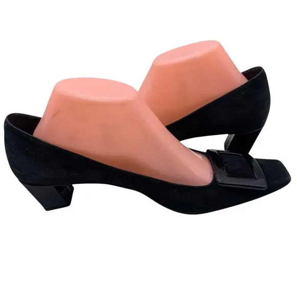 Roger Vivier Square Toe Block Heel Suede Pumps Black Size 39.5 US 9
