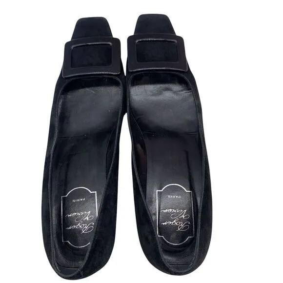 Roger Vivier Square Toe Block Heel Suede Pumps Black Size 39.5 US 9