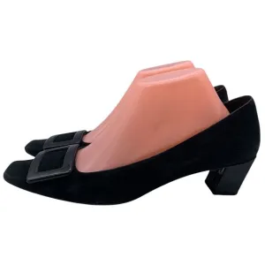 Roger Vivier Square Toe Block Heel Suede Pumps Black Size 39.5 US 9