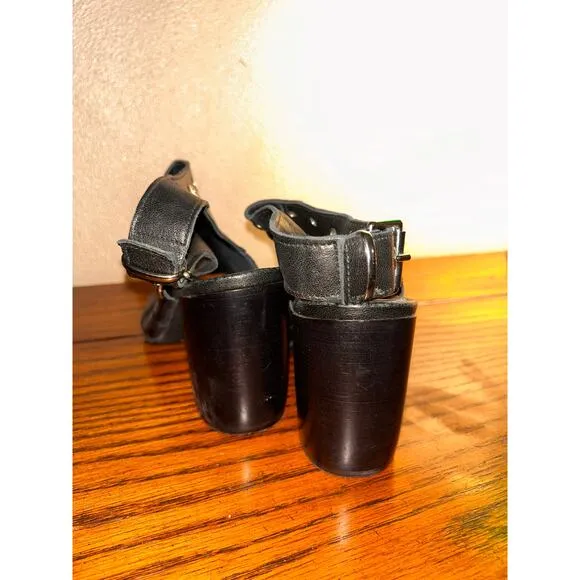 Ron White Edgy Goth Down Town Black Leather Grommets Open Toe Slingback Heels