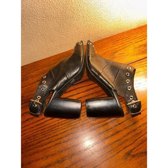 Ron White Edgy Goth Down Town Black Leather Grommets Open Toe Slingback Heels