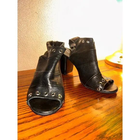 Ron White Edgy Goth Down Town Black Leather Grommets Open Toe Slingback Heels