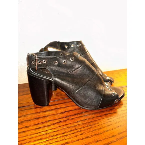 Ron White Edgy Goth Down Town Black Leather Grommets Open Toe Slingback Heels
