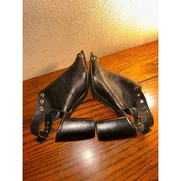 Ron White Edgy Goth Down Town Black Leather Grommets Open Toe Slingback Heels
