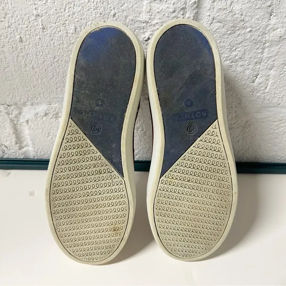 Rothy’s Classic Slip On Sneaker Garnet Red Maroon Sz 6 Blue/White Stripe Canvas