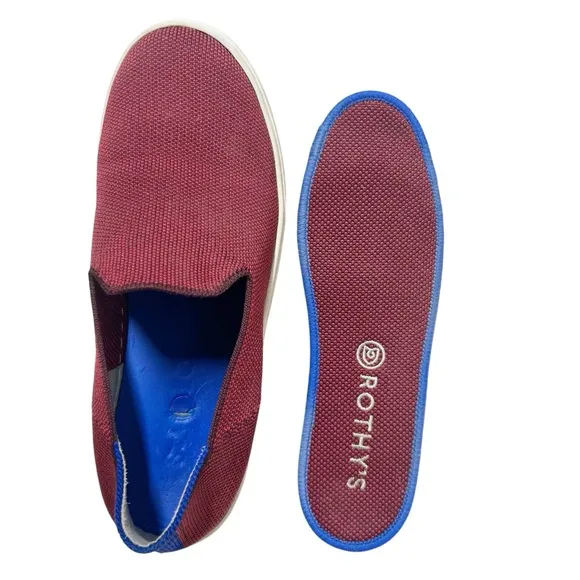 Rothy’s Classic Slip On Sneaker Garnet Red Maroon Sz 6 Blue/White Stripe Canvas