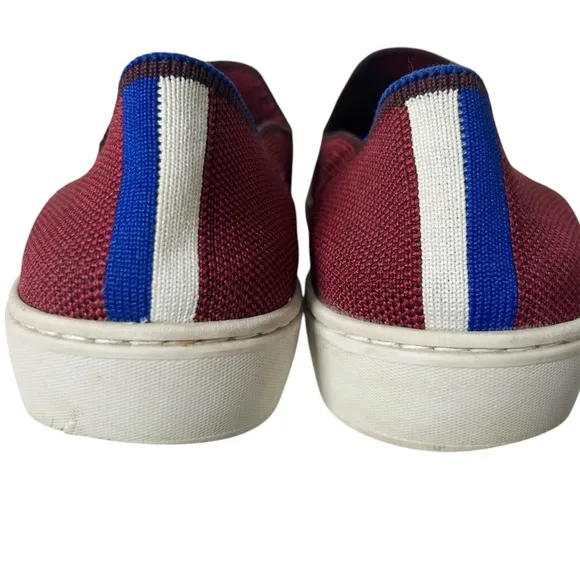 Rothy’s Classic Slip On Sneaker Garnet Red Maroon Sz 6 Blue/White Stripe Canvas