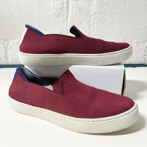 Rothy’s Classic Slip On Sneaker Garnet Red Maroon Sz 6 Blue/White Stripe Canvas