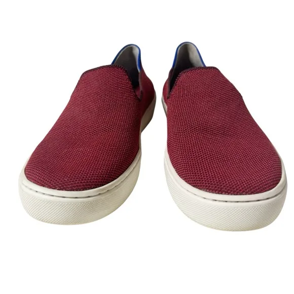Rothy’s Classic Slip On Sneaker Garnet Red Maroon Sz 6 Blue/White Stripe Canvas
