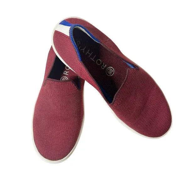 Rothy’s Classic Slip On Sneaker Garnet Red Maroon Sz 6 Blue/White Stripe Canvas