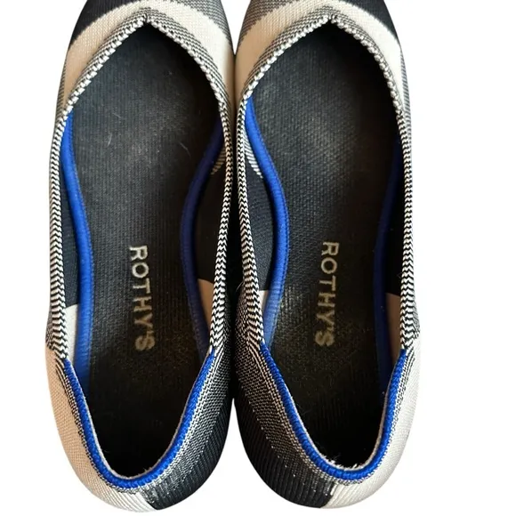 Rothy's The Flat Round Captoe Black and Cream Plaid Shoes, Women’s Size 8