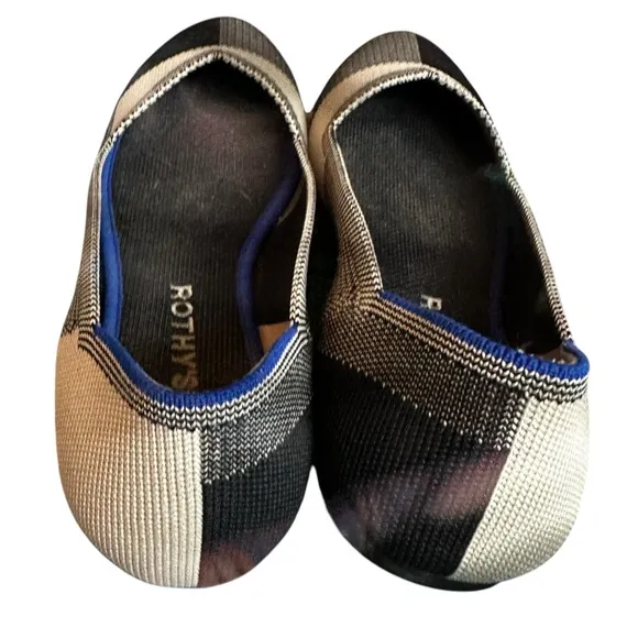 Rothy's The Flat Round Captoe Black and Cream Plaid Shoes, Women’s Size 8
