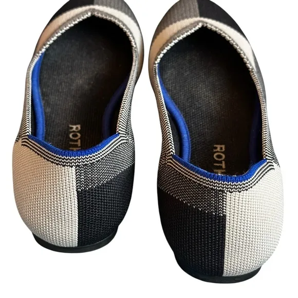 Rothy's The Flat Round Captoe Black and Cream Plaid Shoes, Women’s Size 8