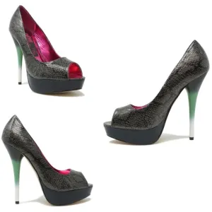 RuPaul by Iron Fist Sz 9 Snakeskin Peep-Toe Platform Heels Black Green NEW! $105