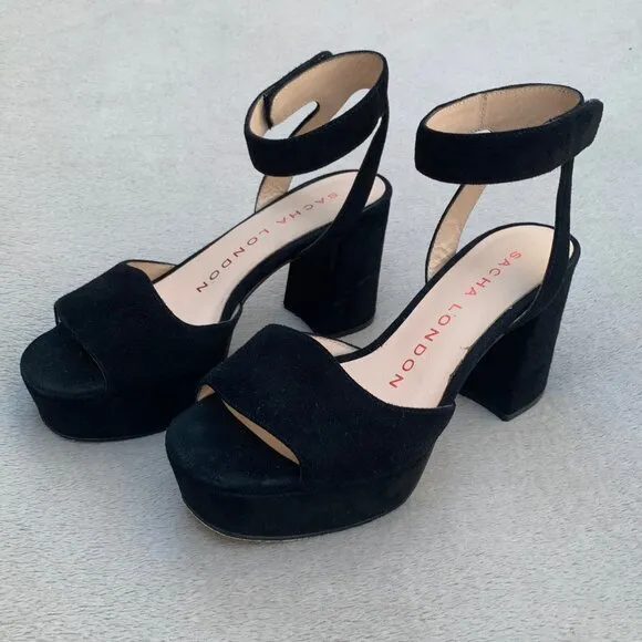 Sacha London Black Suede Open Toe Platform Block Heels Sz7