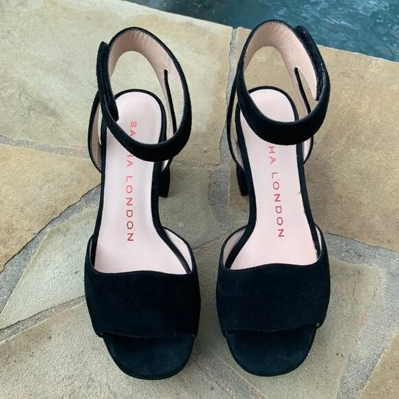 Sacha London Black Suede Open Toe Platform Block Heels Sz7