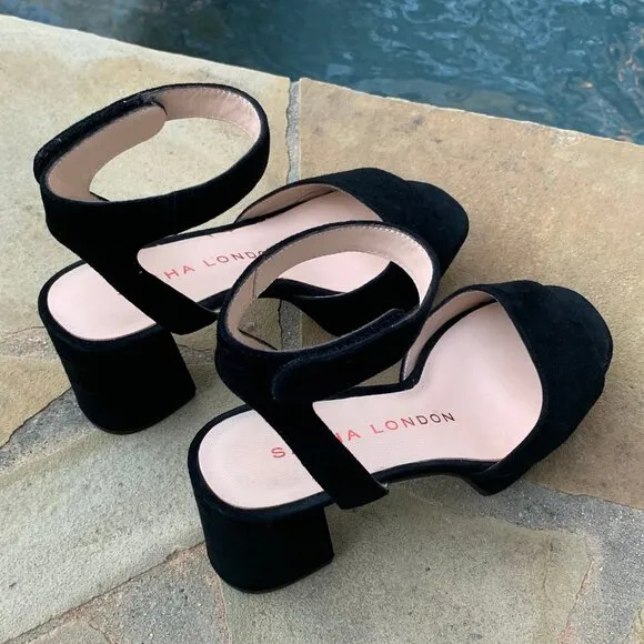 Sacha London Black Suede Open Toe Platform Block Heels Sz7