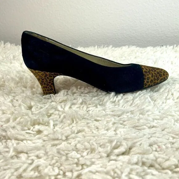 Saks Fifth Avenue Womens Pump Heels Leopard Print Cap Toe Suede Black Size 7