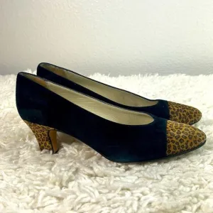 Saks Fifth Avenue Womens Pump Heels Leopard Print Cap Toe Suede Black Size 7