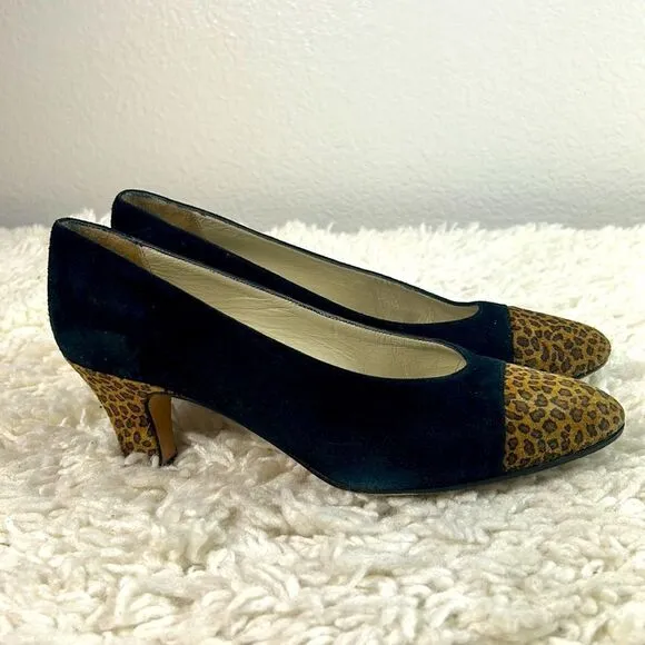 Saks Fifth Avenue Womens Pump Heels Leopard Print Cap Toe Suede Black Size 7