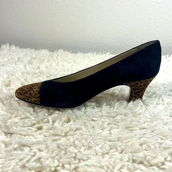 Saks Fifth Avenue Womens Pump Heels Leopard Print Cap Toe Suede Black Size 7