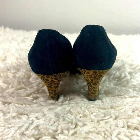 Saks Fifth Avenue Womens Pump Heels Leopard Print Cap Toe Suede Black Size 7