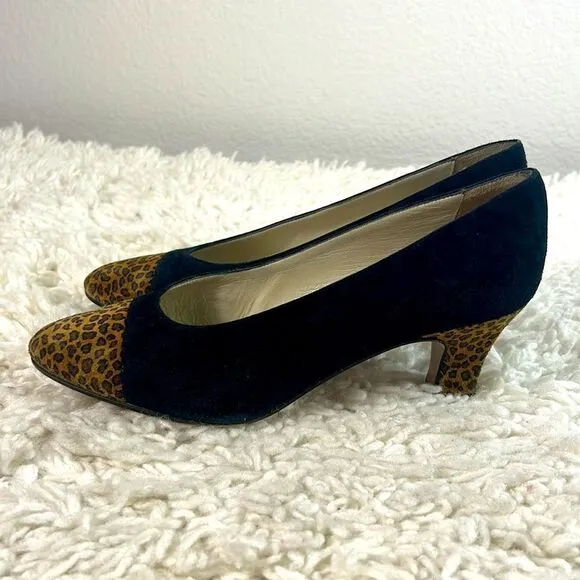 Saks Fifth Avenue Womens Pump Heels Leopard Print Cap Toe Suede Black Size 7