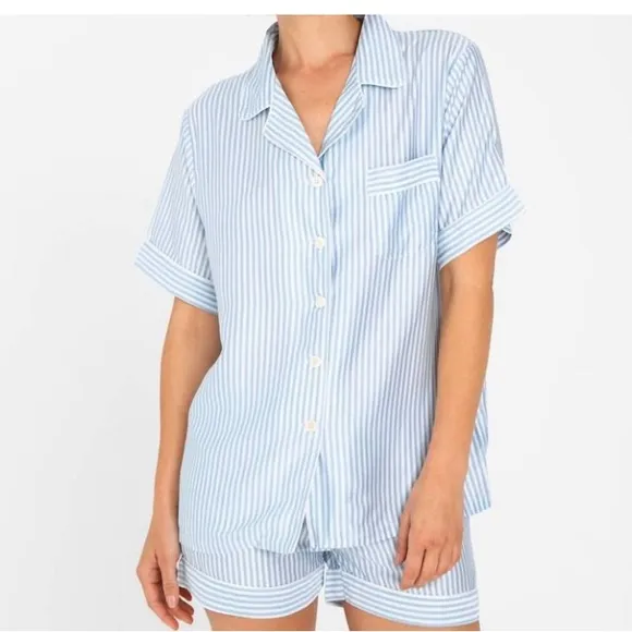 ⭐️SALE⭐️ 2PC ETTITUDE SATEEN STRIPED PJ SET / Shorts &amp; S/S Shirt S