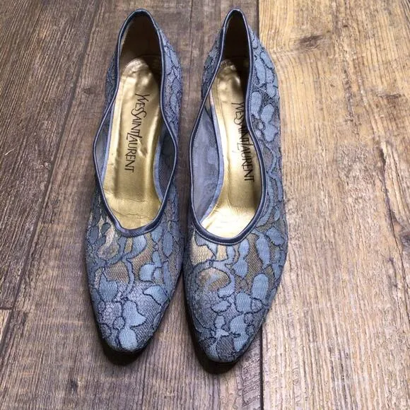*Sale* Vintage Yves Saint Laurent Blue Lace Heels Size 7.5