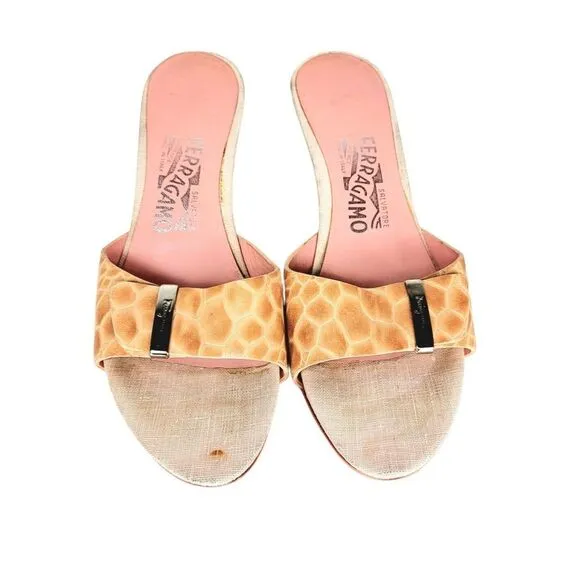 Salvatore Ferragamo Animal Print Leather Slide Mule Heel Slip On 7 Italy