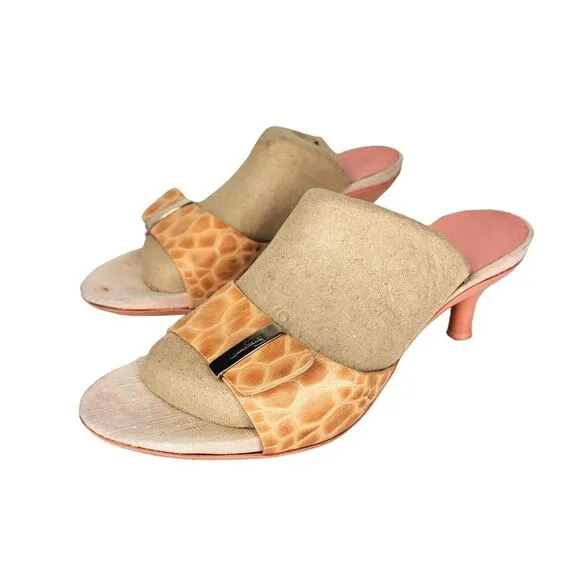 Salvatore Ferragamo Animal Print Leather Slide Mule Heel Slip On 7 Italy