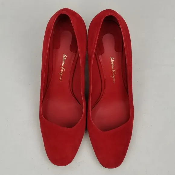 Salvatore Ferragamo  Arrezo Red Suede Block Heel Pumps 8