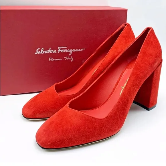 Salvatore Ferragamo Arrezo Red Suede Block Heels Pumps 7 B