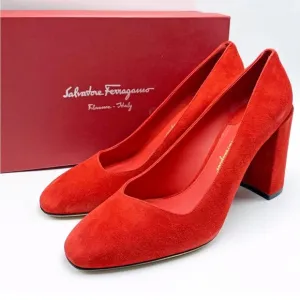 Salvatore Ferragamo Arrezo Red Suede Block Heels Pumps 7 B