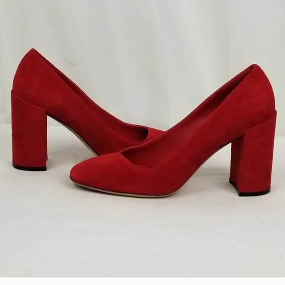 Salvatore Ferragamo Arrezo Red Suede Block Heels Pumps 7 B