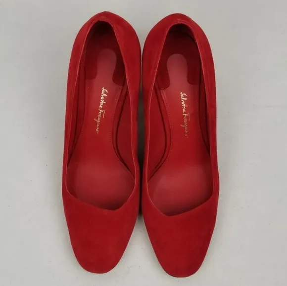 Salvatore Ferragamo Arrezo Red Suede Block Heels Pumps 7 B