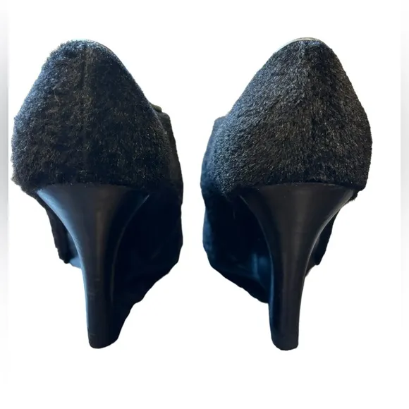 Salvatore Ferragamo Black Fur Wedge Heels Round Toe Pumps Size 8