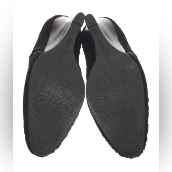 Salvatore Ferragamo Black Fur Wedge Heels Round Toe Pumps Size 8