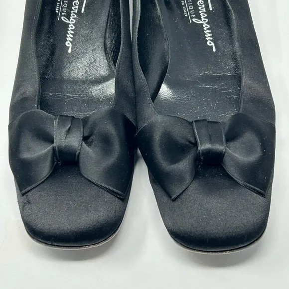Salvatore Ferragamo Black Gloria Satin Bow Flats Size 7.5 B