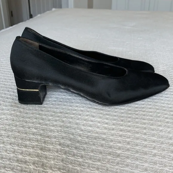 Salvatore Ferragamo Black Satin block heels with crystal inset size 10