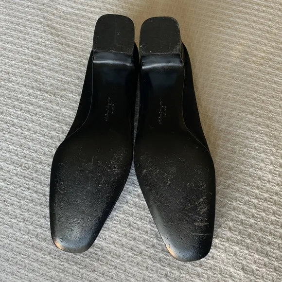Salvatore Ferragamo Black Satin block heels with crystal inset size 10