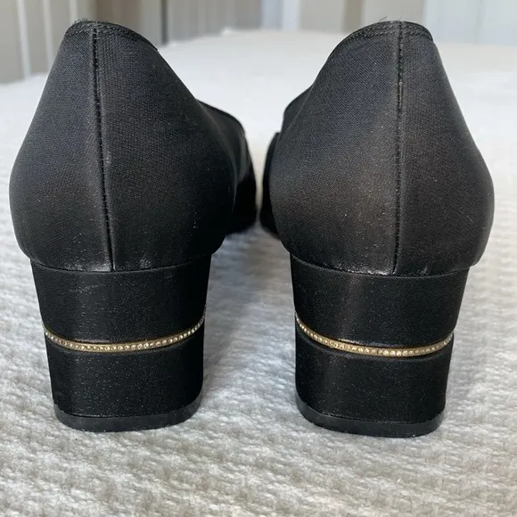 Salvatore Ferragamo Black Satin block heels with crystal inset size 10