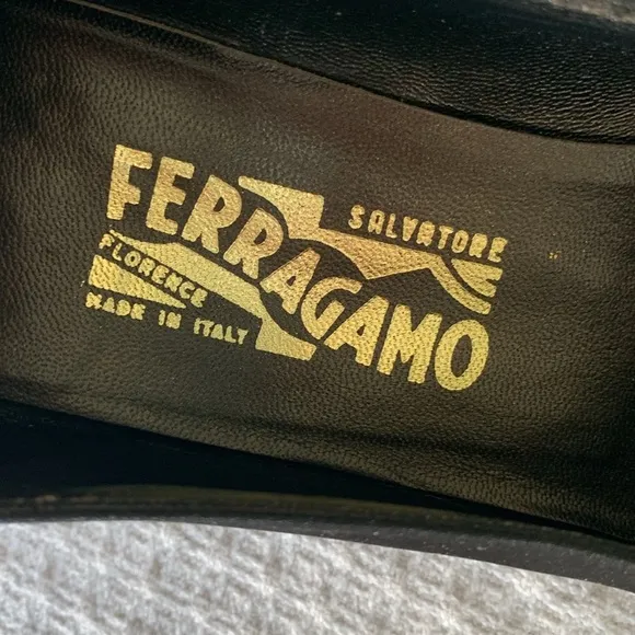 Salvatore Ferragamo Black Satin block heels with crystal inset size 10
