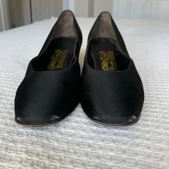 Salvatore Ferragamo Black Satin block heels with crystal inset size 10