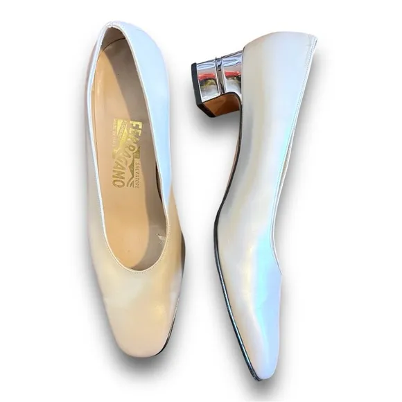 Salvatore Ferragamo Cream and Silver Block Heels