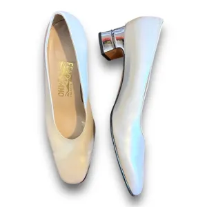 Salvatore Ferragamo Cream and Silver Block Heels