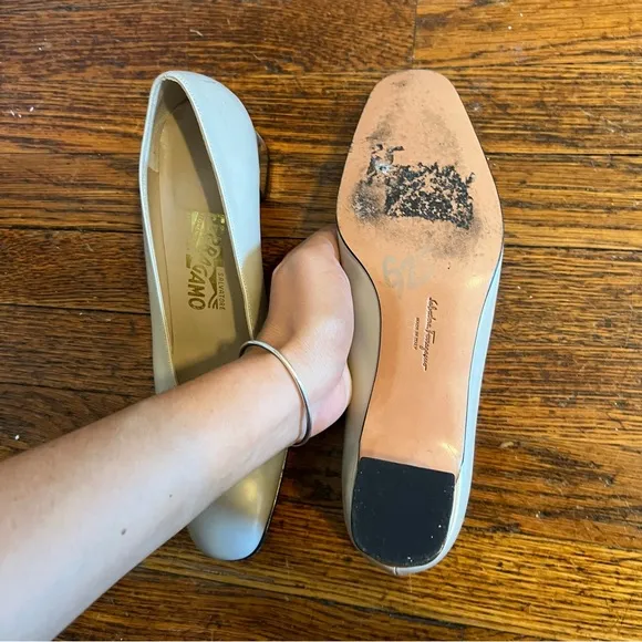 Salvatore Ferragamo Cream and Silver Block Heels