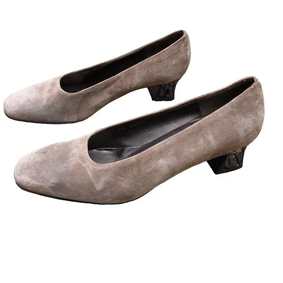 SALVATORE FERRAGAMO Florence Taupe Brown Suede Slip On PUMPS Block Heels 7 B‌‌