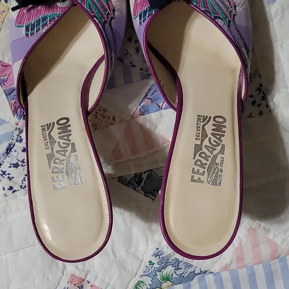 Salvatore Ferragamo Purple Butterfly Print Slide Heels Size 10 B