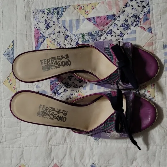 Salvatore Ferragamo Purple Butterfly Print Slide Heels Size 10 B